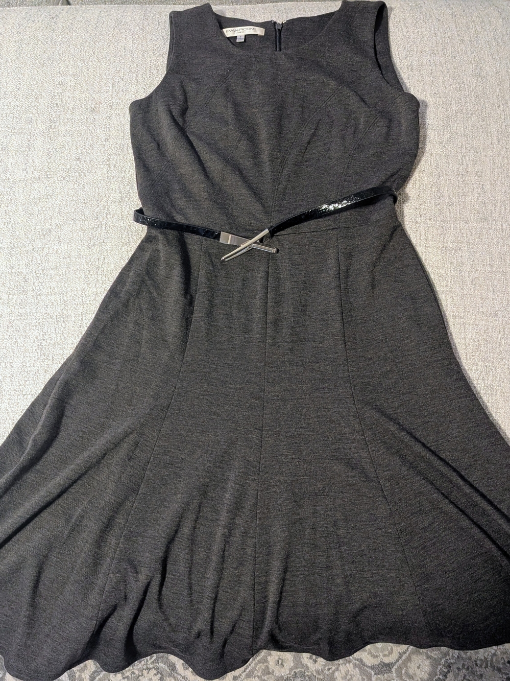 Evan Picone Dark Gray Sleeveless Asymmetrical Fit-and-Flare Dress with Slim Belt